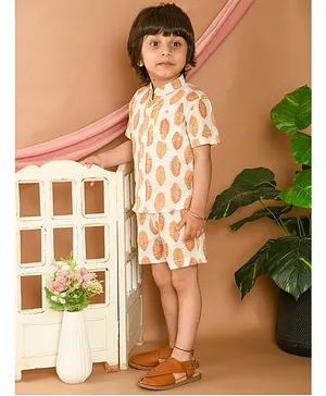 Lil Pitaara Pure Cotton Half Sleeves All Over Autumn Leaf Motif Printed Coordinating Set - Orange