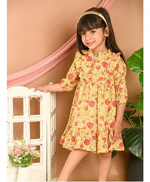 LIL PITAARA Pure Cotton Three Fourth Sleeves Floral Printed Dress - Yellow