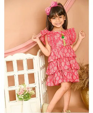 LIL PITAARA Frilled Sleeves Leaves Motif Printed Tassel Detailed Layered Dress - Pink
