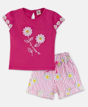 Cuddles For Cubs 100% Super Soft Cotton Cap Sleeves Sunny Days Floral Applique & Printed Tee With Striped Short - Pink