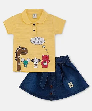Cuddles For Cubs 100% Super Soft Cotton  Half Sleeves Animals United Printed Tee With Skirt - Lemon Yellow