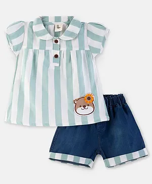 Cuddles for Cubs 100% Super Soft Cotton Cap Sleeves Embroidered Teddy Patch Detailed & Awning Striped Top With Coordinating Shorts - Mint Blue