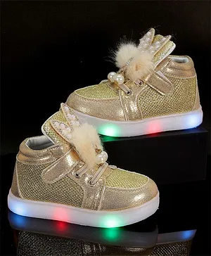 PASSION PETALS Pearl & Stone With Pom Pom Embellished Bunny Detailed LED Shoes - Golden