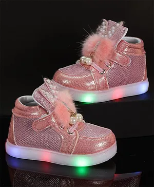 PASSION PETALS Pearl & Stone With Pom Pom Embellished Bunny Detailed LED Shoes - Pink