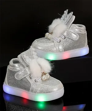 PASSION PETALS Pearl & Stone With Pom Pom Embellished Bunny Detailed LED Shoes - Silver