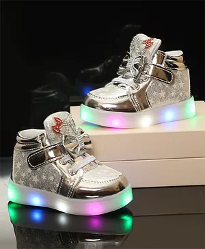 PASSION PETALS Unisex Star Printed Bow Designed LED Shoes - Silver