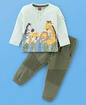 Babyhug 100% Cotton Jersey Full Sleeves T-Shirt & Lounge Pants Set Jungle Print - Olive Green