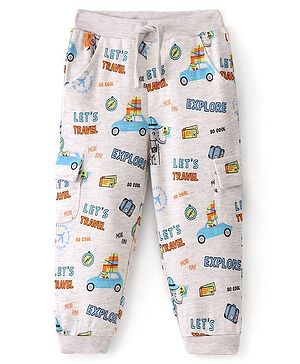 Babyhug Cotton Looper Knit Full Length Lounge Pant Travel Print - Grey