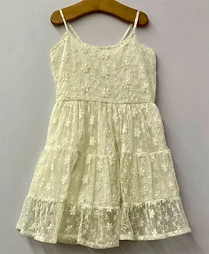 My Pink Closet Sleeveless Net Floral Embroidered Tiered Dress - Off White