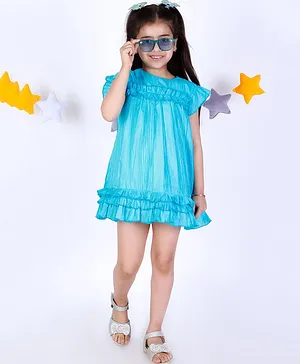 KIDSDEW  Cap Sleeves A Line Frilled Crumpled Effect Solid Dress - Blue