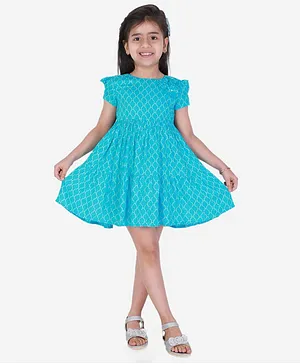 KIDSDEW Short Sleeves Abstract Printed Flower Applique Dress - Blue