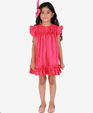 KIDSDEW Cap Sleeves Solid Ruffle Dress - Pink