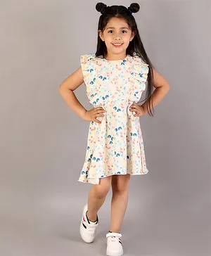 KIDSDEW Frilled Sleeves Floral Printed Dress - White