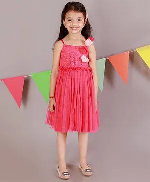 KIDSDEW Sleeveless Yoke Embroidered & Flower Applique Embellished Ruffled Fit & Flare Dress - Magenta Pink