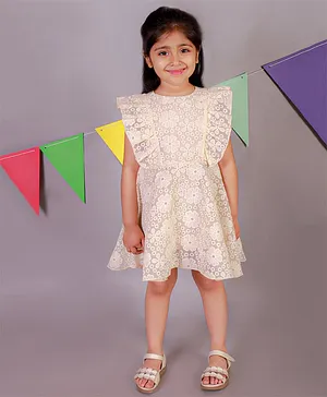 KIDSDEW Cap Sleeves Seamless Flowers Embroidered & Frill Bodice Detailed Fit & Flare Dress - Beige
