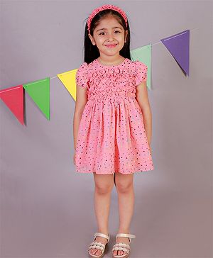 KIDSDEW Puffed Cap Sleeves Seamless Rainbow Heart Foil Printed & Ruffled Bodice Detailed Fit & Flare Dress With Coordinating Headband & Bloomer - Peach