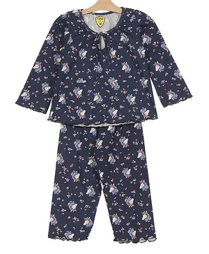 Lil Lollipop Full Sleeves Unicorn Printed Cotton Night Suit - Navy Blue
