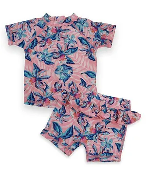 LisSoft Raglan Half Sleeves Seamless Floral Printed Frill Detailed Coordinating Two Piece Swimsuit Set - Pink