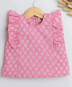 IndiUrbane Sleeveless Motif Printed Frilled Top - Pink
