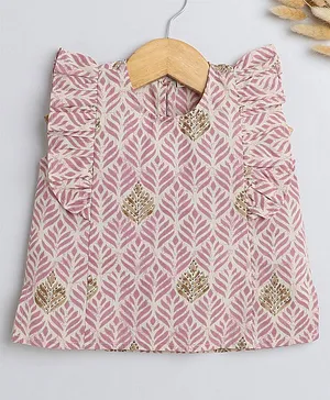 IndiUrbane Sleeveless Leaves Motif Printed Frilled Top - Onion Pink