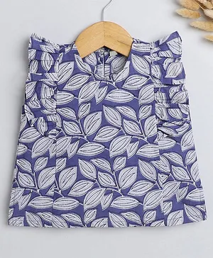 IndiUrbane Sleeveless Leaves Motif Printed Frilled Top - Indigo Blue