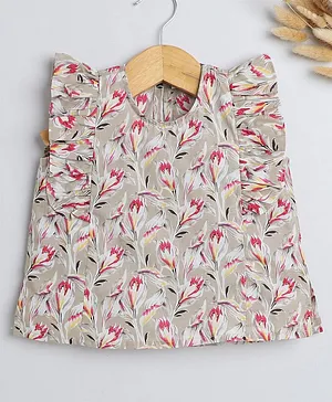 IndiUrbane Sleeveless Floral Motif Printed Frilled Top - Beige