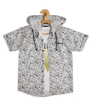 CAVIO Half Sleeves Abstract Pattern Printed Hooded Shirt with Graphic Tee  - Cream