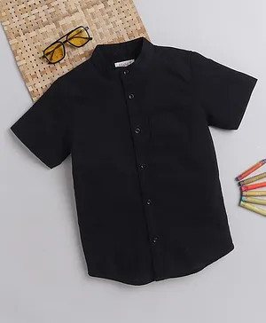 MANET Boys Mandarin Collar Cotton Half  Sleeves Shirt Solid - Black