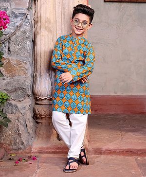 Pine Kids 100% Cotton Full Sleeves Printed Kurta & Pyjama Set- Orange Blue & White