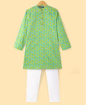 Pine Kids Cotton Full Sleeves Kurta & Pyjama Set With Floral Print - Lime Green