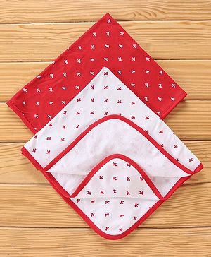 Babyhug Terry Knit Bow Print Towel Pack of 2 L 76.2 x B 76.2 cm- Red & White