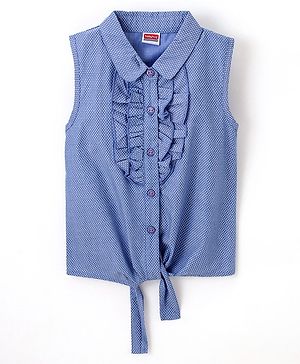 Babyhug 100% Cotton Woven Chambray Sleeveless Front Open Top With Frill Detailing Dot Print- Blue
