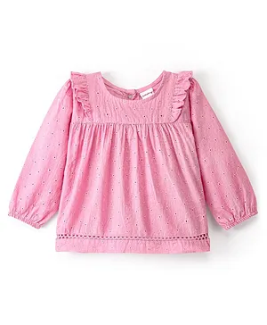 Babyhug 100% Cotton Full Sleeves Woven Top With Schiffli Lace & Frill Detailing - Pink