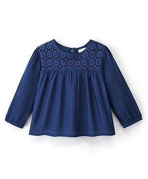 Babyhug 100% Cotton Rayon Full Sleeves Top With Lace Detailing At Yoke - Navy Blue