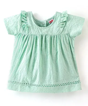 Babyhug 100% Cotton Woven Sleeveless Top with Embroidery & Schiffli Frill Detailing - Mint Green