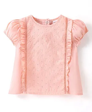 Babyhug 100% Cotton Woven Sleeveless Top with Embroidery & Schiffli Frill Detailing - Peach