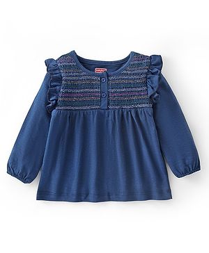 Babyhug 100% Cotton Full Sleeves Top with Smocking & Frill Details - Blue