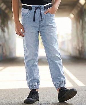 Pine Kids Cotton Elastane Full Length  Washed Denim Jeans with Ribbed Waist - Ice Blue