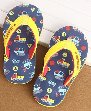Cute Walk by Babyhug Slip On Flip Flops Construction Vehicle Print - Yellow & Blue