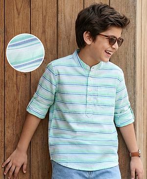 Pine Kids 100% Cotton Full Sleeves Front Half Placket Buttons Striped Shirt - Green