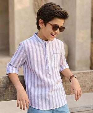 Pine Kids 100% Cotton Full Sleeves Front Half Placket Buttons Striped Shirt - White