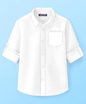 Pine Kids Cotton Woven Full Sleeves Front Open with Roll up Sleeves Solid Shirt - White
