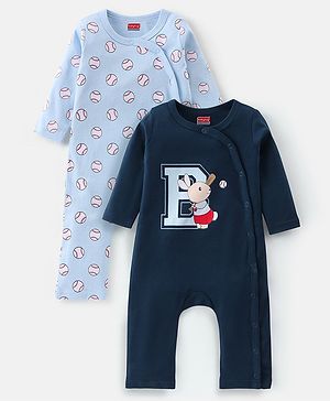 Babyhug 100% Cotton Knit Full Sleeves Romper Base Balls Print Pack of 2 - Navy & Sky Blue