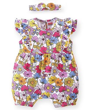 Babyhug 100% Cotton Knit Cap Sleeves Romper With Hairband Floral Print - Pink & Purple