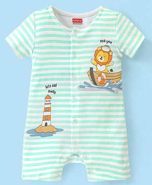 Babyhug 100% Cotton Half Sleeves Romper Stripes & Lion Print- Blue