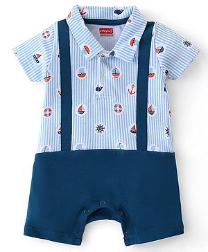 Babyhug 100% Cotton Half Sleeves Striped Romper Boat Print - Navy Blue