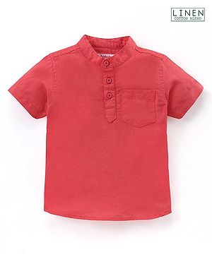Babyhug Cotton Linen Half Sleeves Solid Kurta Shirt- Coral