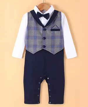 Mark & Mia Full Sleeves Party Romper With Yarn Dyded Checks Waist Coat and Bow - Blue