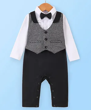 Mark & Mia Full Sleeves Party Romper With Yarn Dyded Checks Waist Coat and Bow - Black