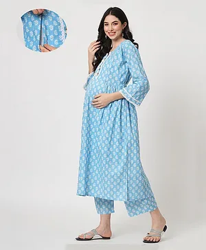 Aujjessa Three Fourth Sleeves Floral Motif Printed Maternity Feeding Kurta Pajama Set With Side Pockets - Blue & White